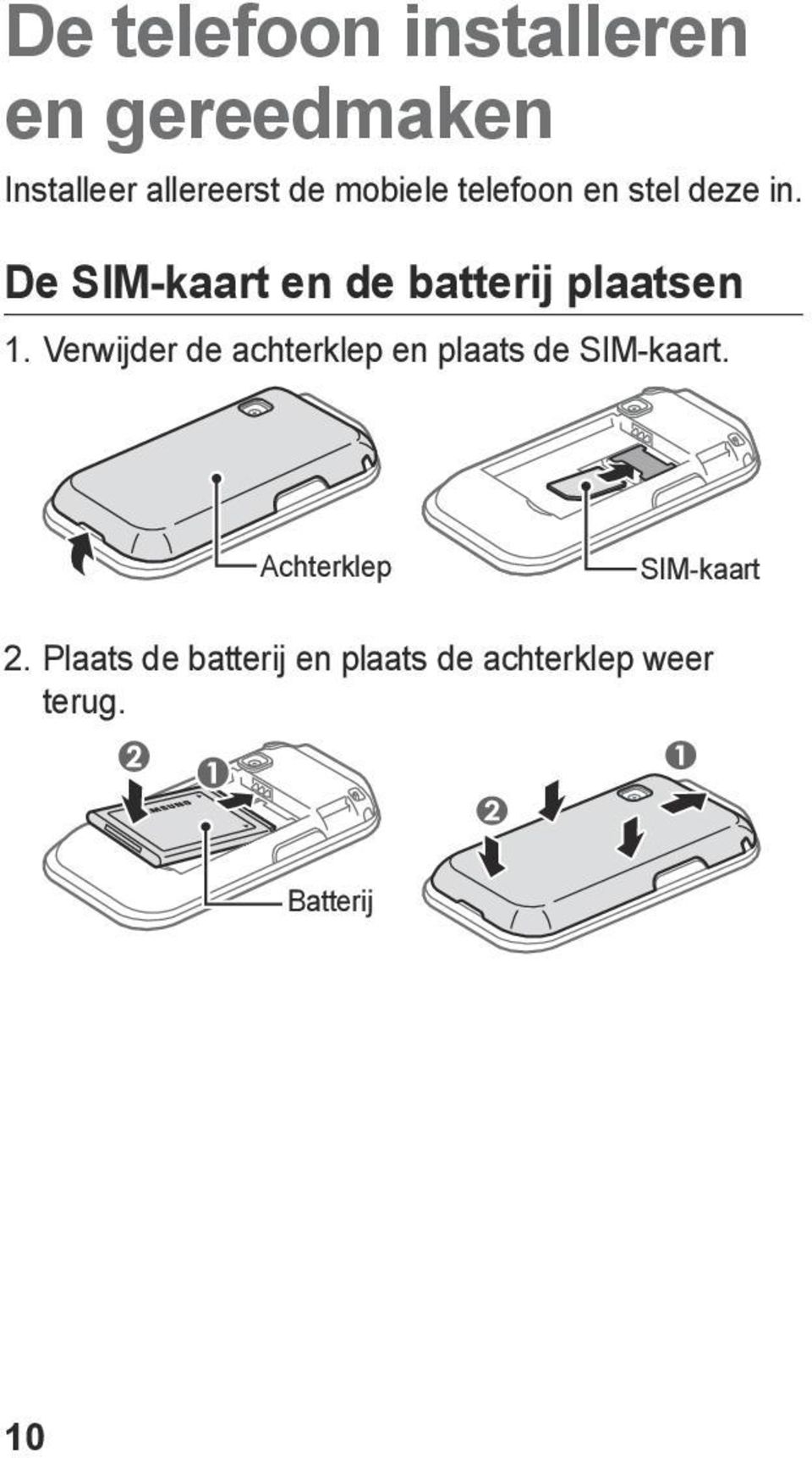 De SIM-kaart en de batterij plaatsen 1.