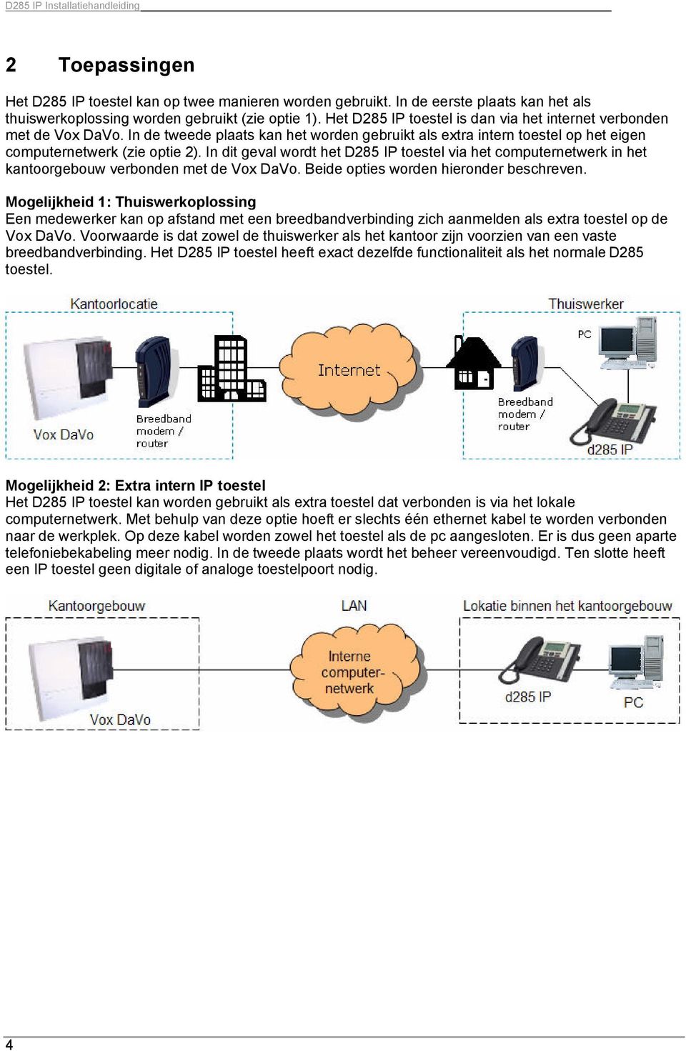 In dit geval wordt het D285 IP toestel via het computernetwerk in het kantoorgebouw verbonden met de Vox DaVo. Beide opties worden hieronder beschreven.