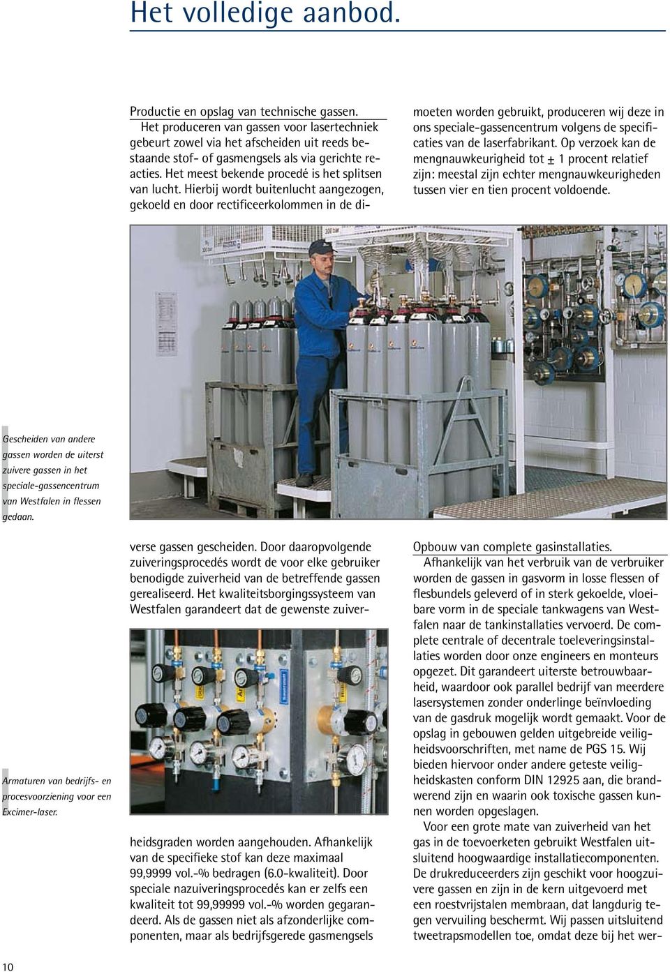 Gescheiden van andere gassen worden de uiterst zuivere gassen in het speciale-gassencentrum van Westfalen in flessen gedaan. Armaturen van bedrijfs- en procesvoorziening voor een Excimer-laser.