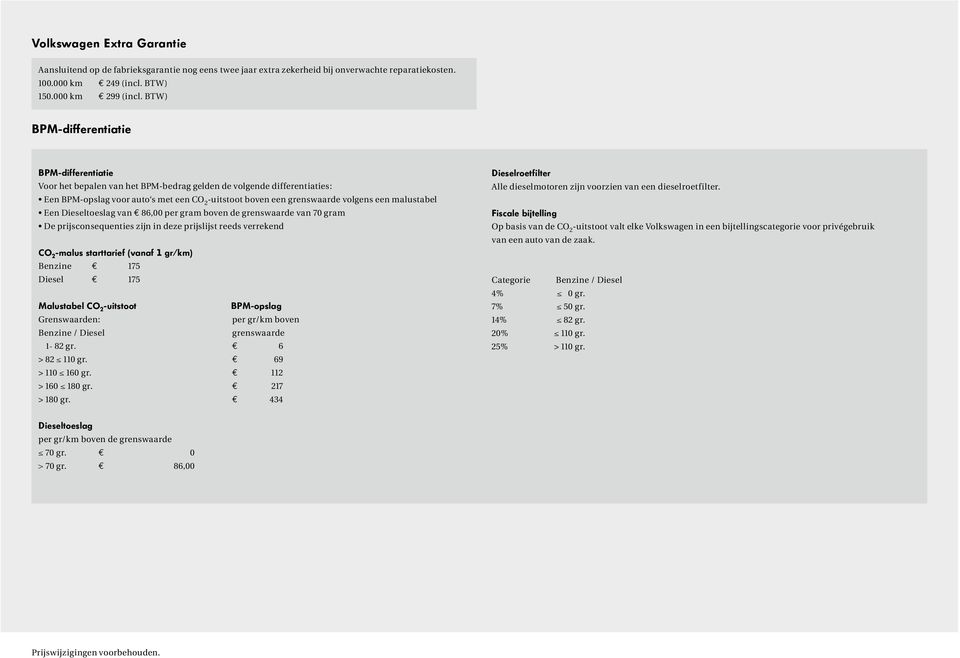 malustabel Een Dieseltoeslag van e 86,00 per gram boven de grenswaarde van 70 gram De prijsconsequenties zijn in deze prijslijst reeds verrekend CO 2 -malus starttarief (vanaf 1 gr/km) Benzine e 175