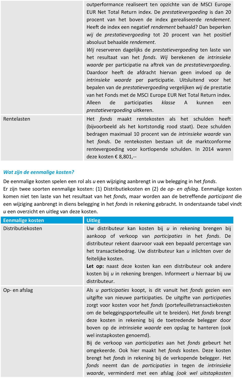 Wij reserveren dagelijks de prestatievergoeding ten laste van het resultaat van het fonds. Wij berekenen de intrinsieke waarde per participatie na aftrek van de prestatievergoeding.