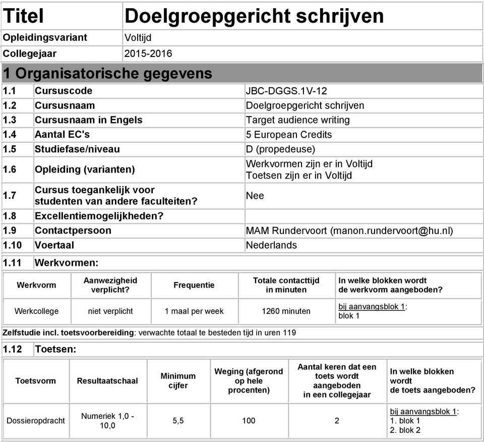 7 Cursus toegankelijk voor studenten van andere faculteiten? 1.8 Excellentiemogelijkheden? Werkvormen zijn er in Voltijd Toetsen zijn er in Voltijd 1.9 Contactpersoon MAM Rundervoort (manon.