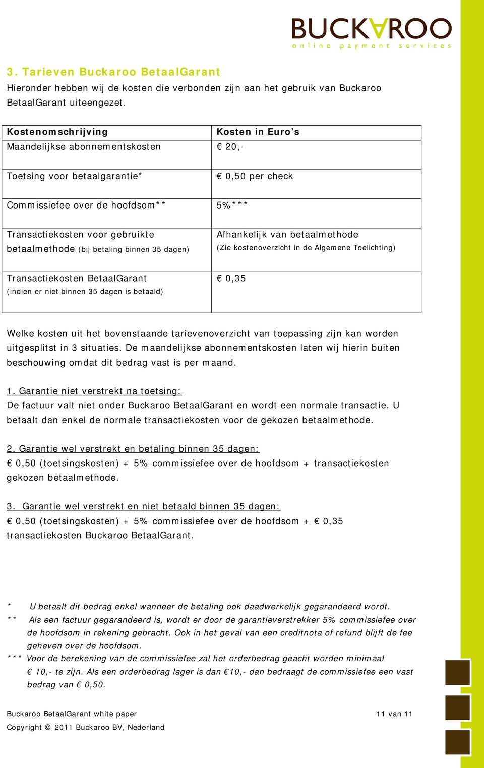 betaalmethode (bij betaling binnen 35 dagen) Afhankelijk van betaalmethode (Zie kostenoverzicht in de Algemene Toelichting) Transactiekosten BetaalGarant (indien er niet binnen 35 dagen is betaald)