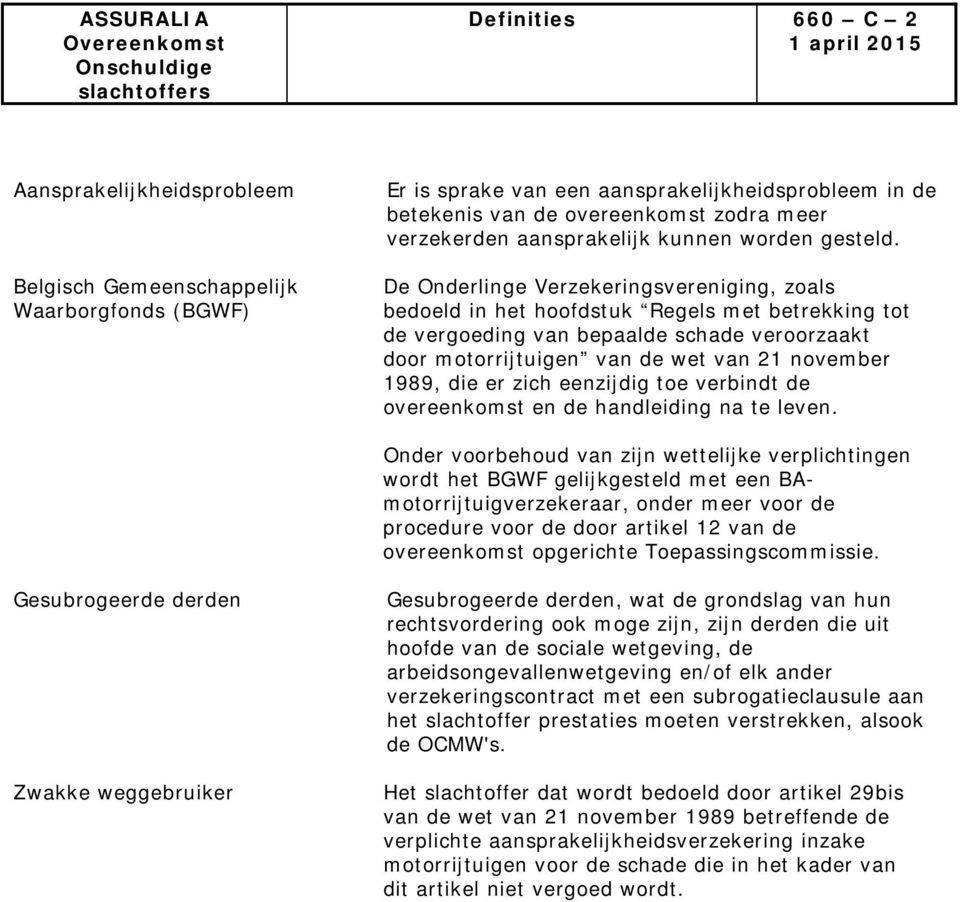 De Onderlinge Verzekeringsvereniging, zoals bedoeld in het hoofdstuk Regels met betrekking tot de vergoeding van bepaalde schade veroorzaakt door motorrijtuigen van de wet van 21 november 1989, die