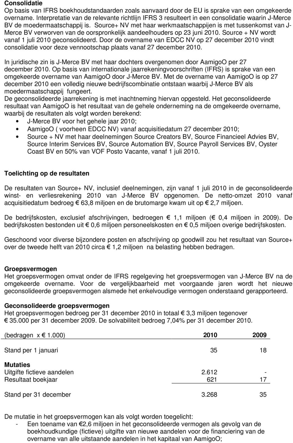 Source+ NV met haar werkmaatschappijen is met tussenkomst van J- Merce BV verworven van de oorspronkelijk aandeelhouders op 23 juni 2010. Source + NV wordt vanaf 1 juli 2010 geconsolideerd.