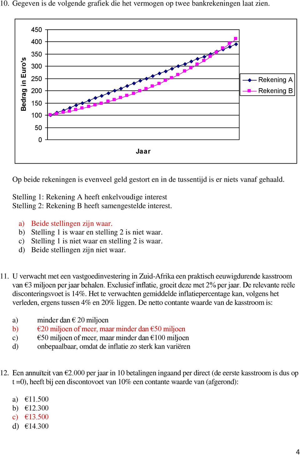 Stelling 1: Rekening A heeft enkelvoudige interest Stelling 2: Rekening B heeft samengestelde interest. a) Beide stellingen zijn waar. b) Stelling 1 is waar en stelling 2 is niet waar.