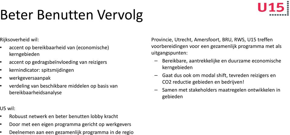 programma met als uitgangspunten: Bereikbare, aantrekkelijke en duurzame economische kerngebieden Gaat dus ook om modal shift, tevreden reizigers en CO2 reductie gebieden en bedrijven!