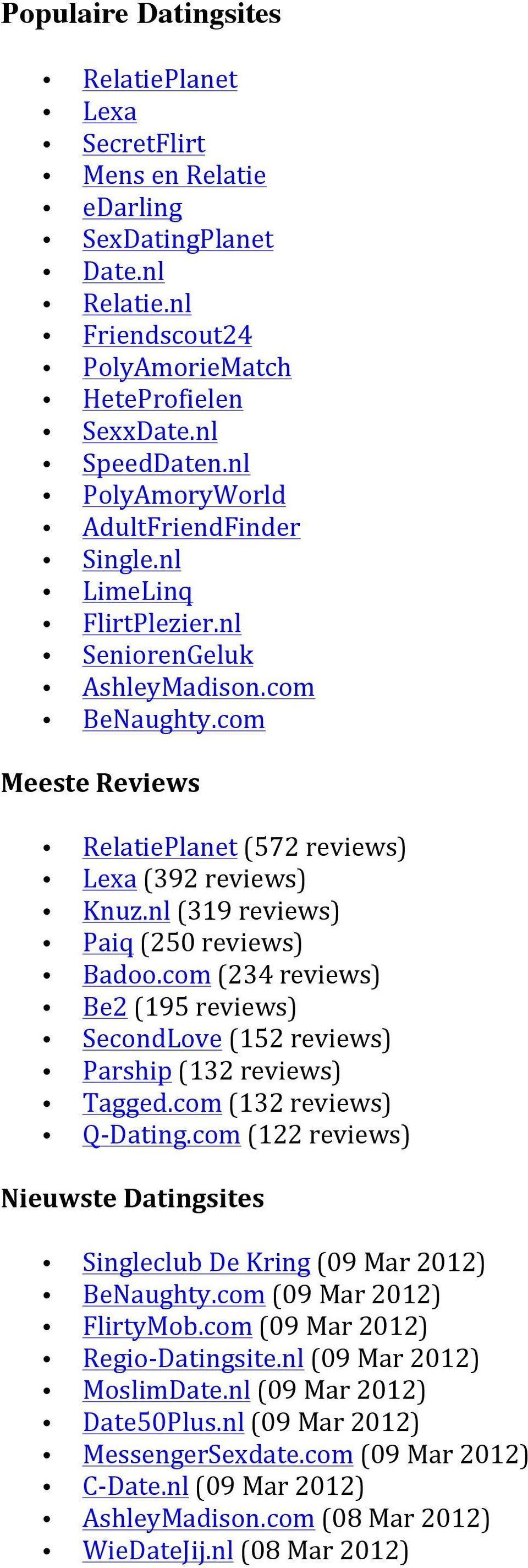 nl (319 reviews) Paiq (250 reviews) Badoo.com (234 reviews) Be2 (195 reviews) SecondLove (152 reviews) Parship (132 reviews) Tagged.com (132 reviews) Q- Dating.