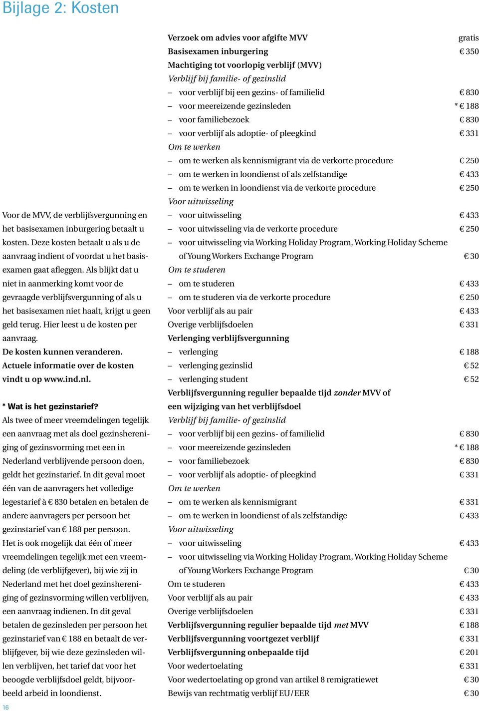 De kosten kunnen veranderen. Actuele informatie over de kosten vindt u op www.ind.nl. * Wat is het gezinstarief?