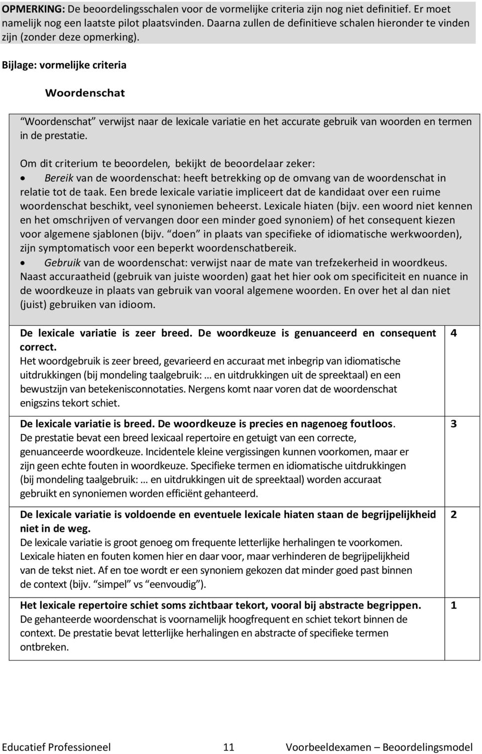 Bijlage: vormelijke criteria Woordenschat Woordenschat verwijst naar de lexicale variatie en het accurate gebruik van woorden en termen in de prestatie.