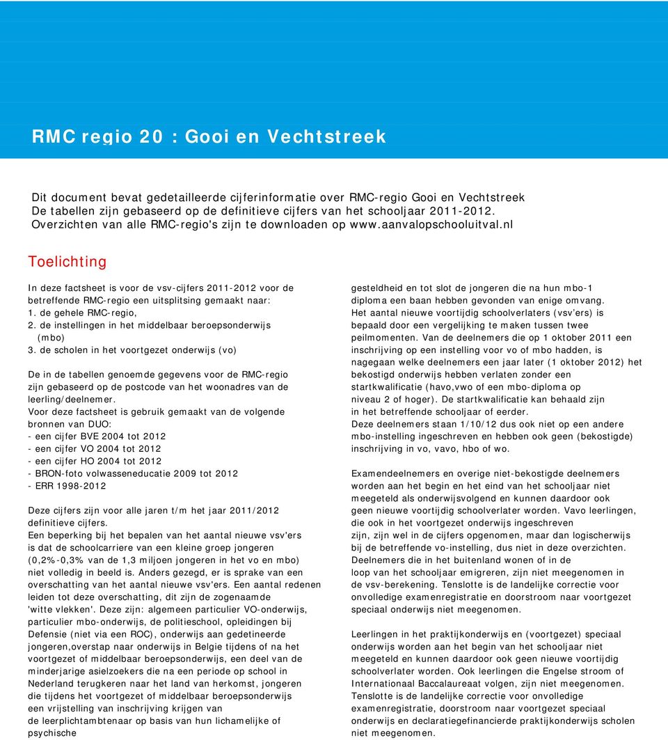 nl Toelichting In deze factsheet is voor de vsv-cijfers 2011-2012 voor de gesteldheid en tot slot de jongeren die na hun mbo-1 betreffende RMC-regio een uitsplitsing gemaakt naar: diploma een baan