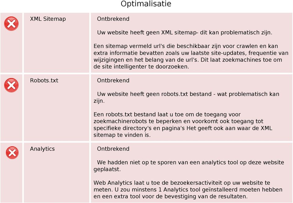 Dit laat zoekmachines toe om de site intelligenter te doorzoeken. Uw website heeft geen robots.txt bestand - wat problematisch kan zijn. Een robots.