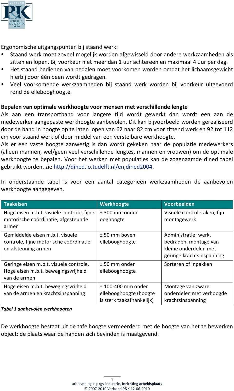 Veel voorkomende werkzaamheden bij staand werk worden bij voorkeur uitgevoerd rond de ellebooghoogte.