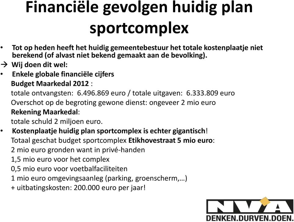 809 euro Overschot op de begroting gewone dienst: ongeveer 2 mio euro Rekening Maarkedal: totale schuld 2 miljoen euro. Kostenplaatje huidig plan sportcomplex is echter gigantisch!