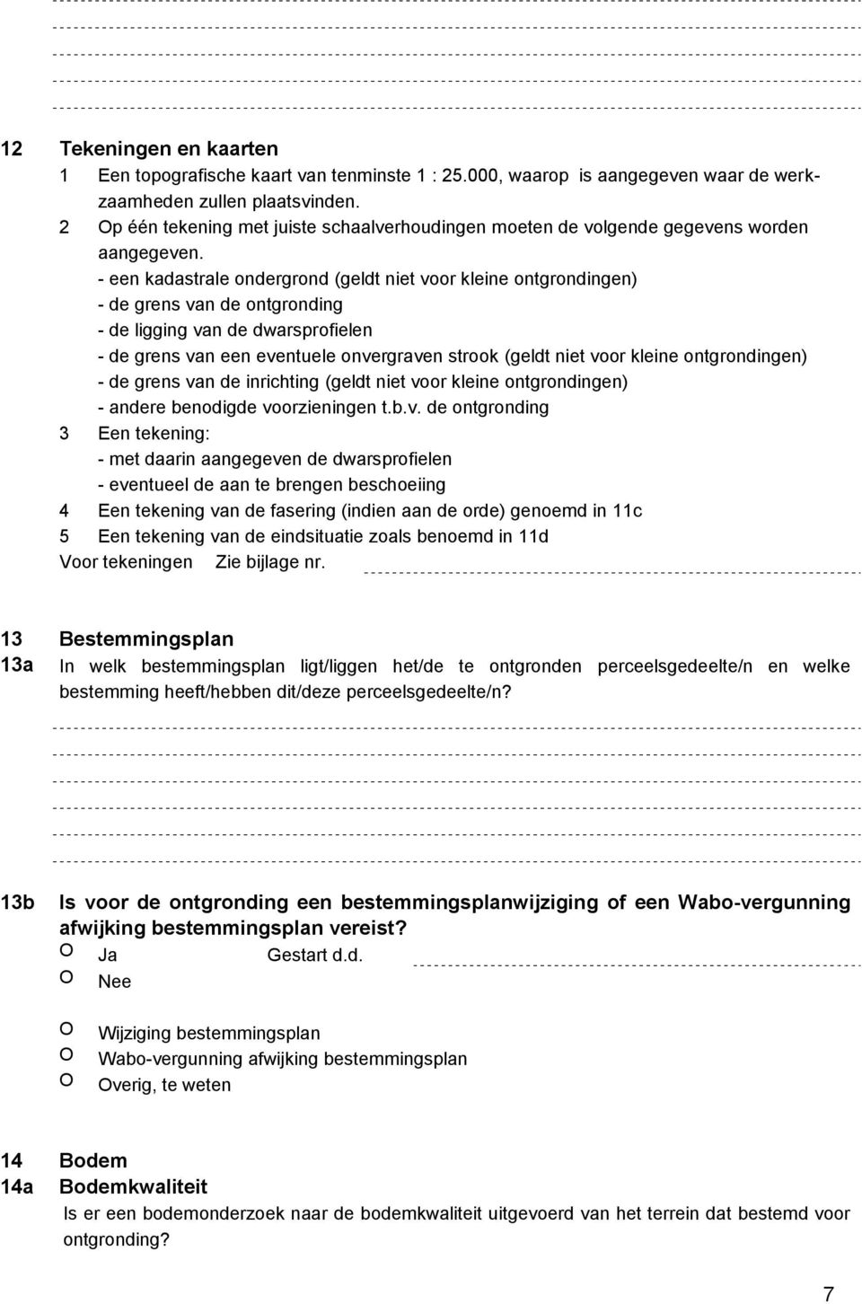 - een kadastrale ondergrond (geldt niet voor kleine ontgrondingen) - de grens van de ontgronding - de ligging van de dwarsprofielen - de grens van een eventuele onvergraven strook (geldt niet voor