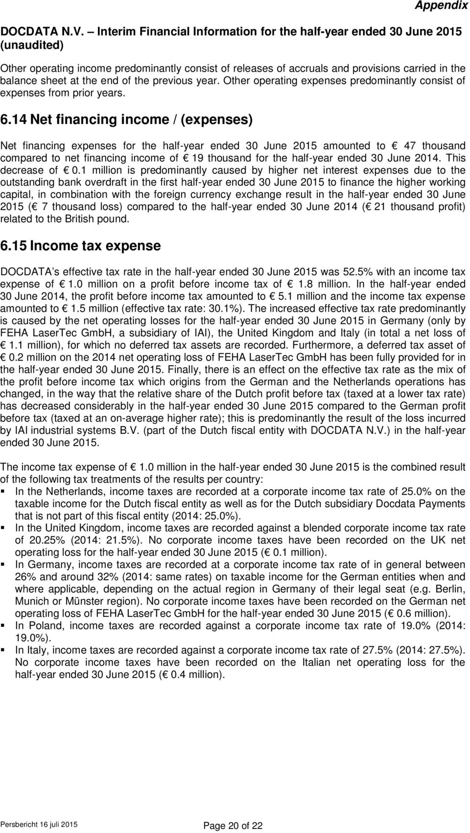 14 Net financing income / (expenses) Net financing expenses for the half-year ended 30 June 2015 amounted to 47 thousand compared to net financing income of 19 thousand for the half-year ended 30