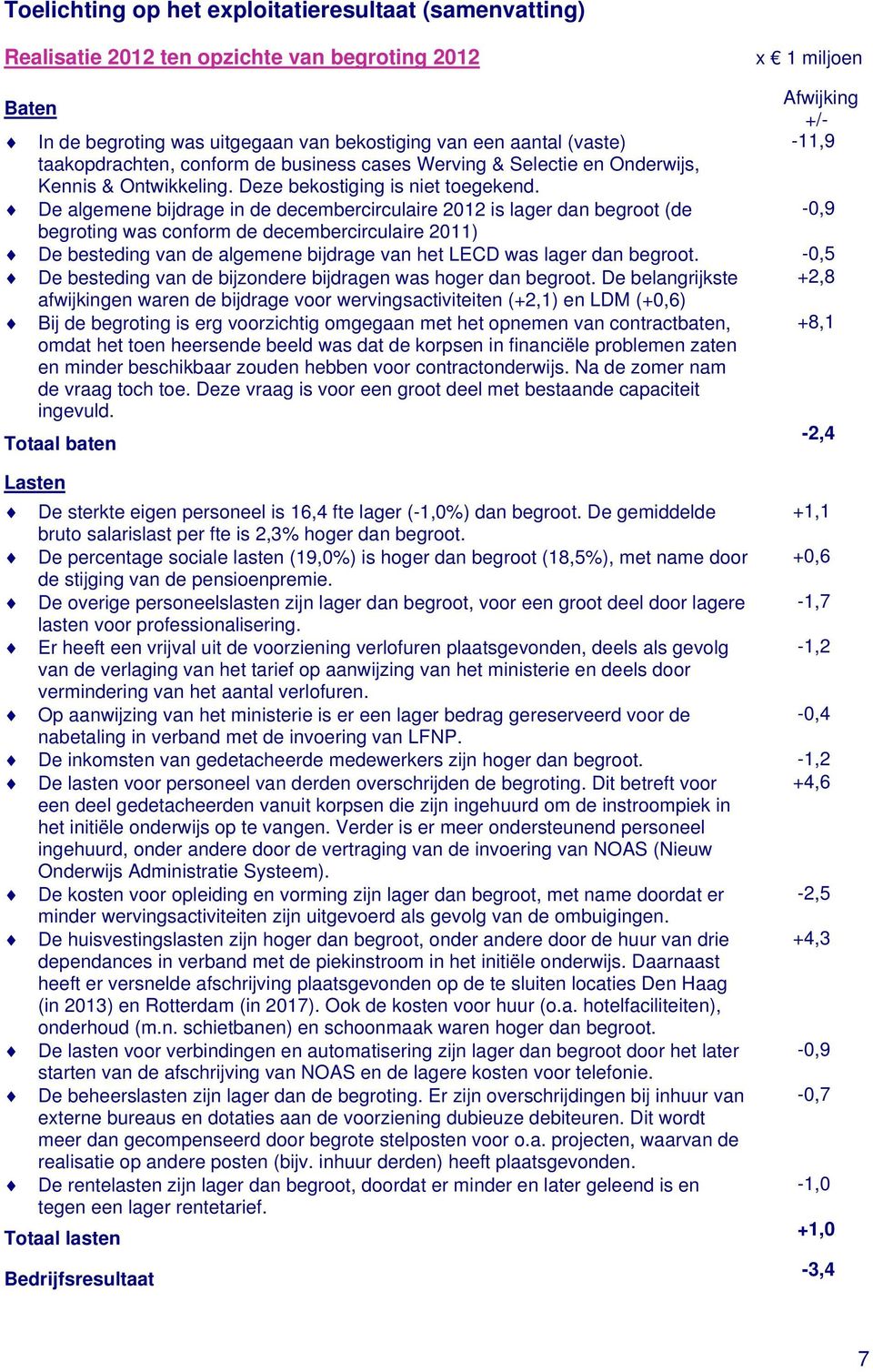 De algemene bijdrage in de decembercirculaire is lager dan begroot (de begroting was conform de decembercirculaire 2011) Afwijking +/- -11,9 De besteding van de algemene bijdrage van het LECD was