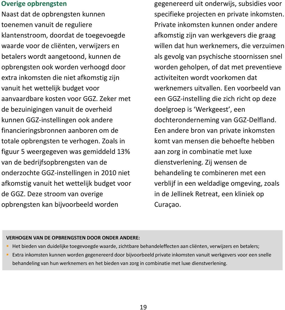 Zeker met de bezuinigingen vanuit de overheid kunnen GGZ-instellingen ook andere financieringsbronnen aanboren om de totale opbrengsten te verhogen.