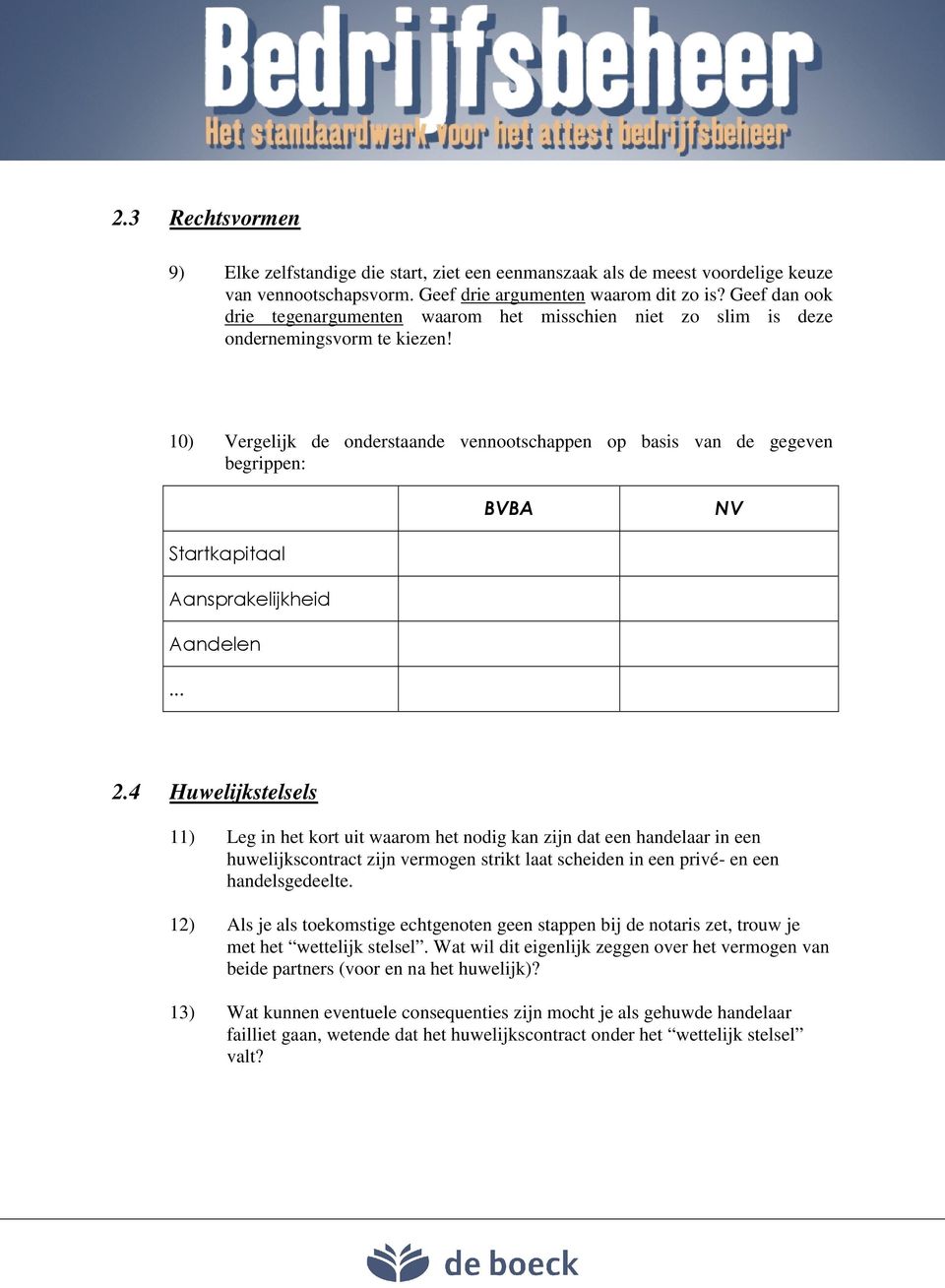 10) Vergelijk de onderstaande vennootschappen op basis van de gegeven begrippen: BVBA NV Startkapitaal Aansprakelijkheid Aandelen... 2.