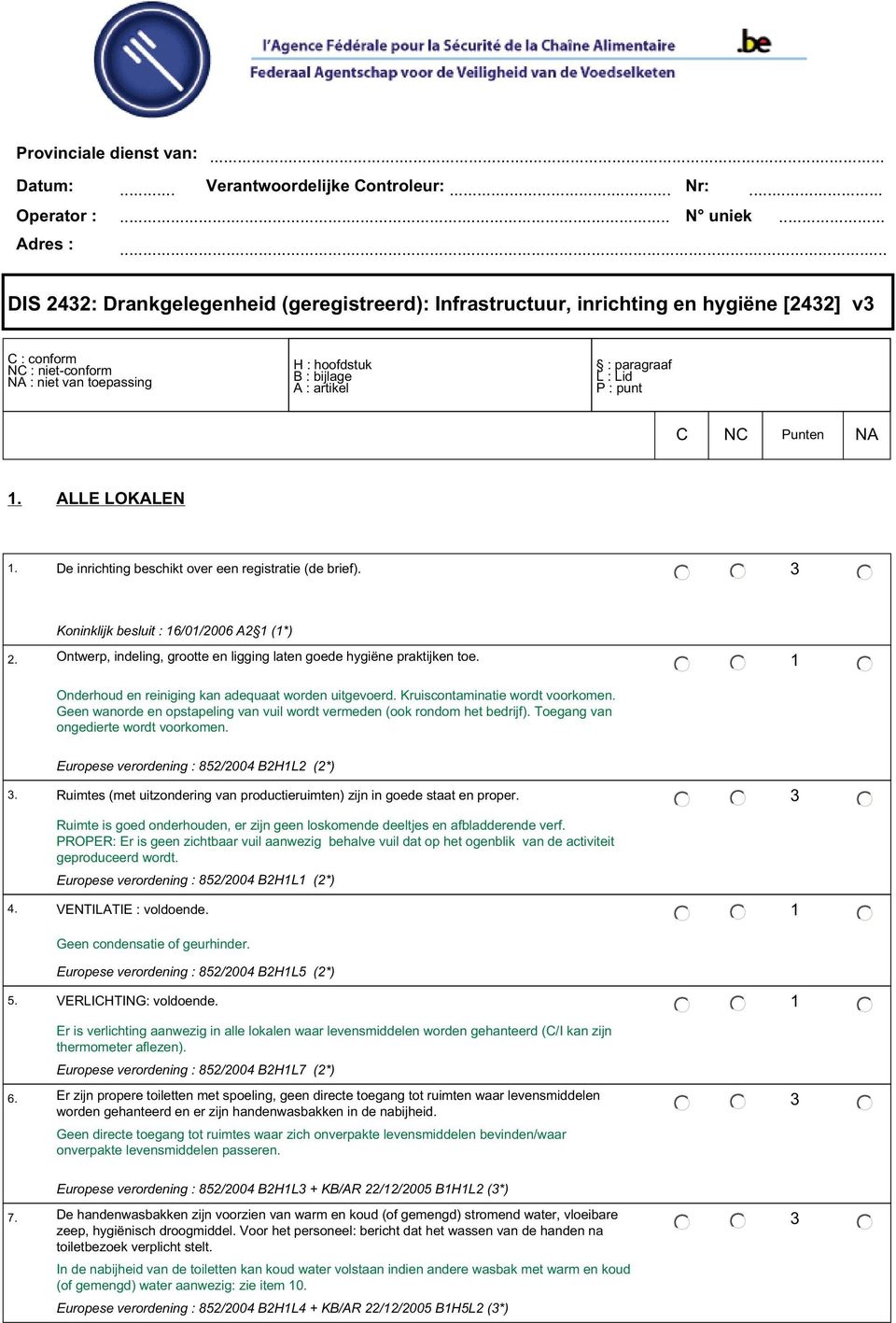 L : Lid P : punt C NC Punten NA 1. ALLE LOKALEN 1. De inrichting beschikt over een registratie (de brief). Koninklijk besluit : 16/01/2006 A2 1 (1*) 2.