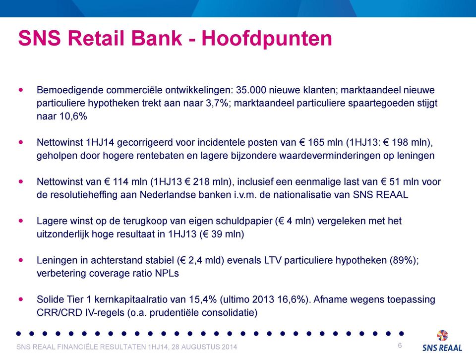 van 165 mln (1HJ13: 198 mln), geholpen door hogere rentebaten en lagere bijzondere waardeverminderingen op leningen Nettowinst van 114 mln (1HJ13 218 mln), inclusief een eenmalige last van 51 mln