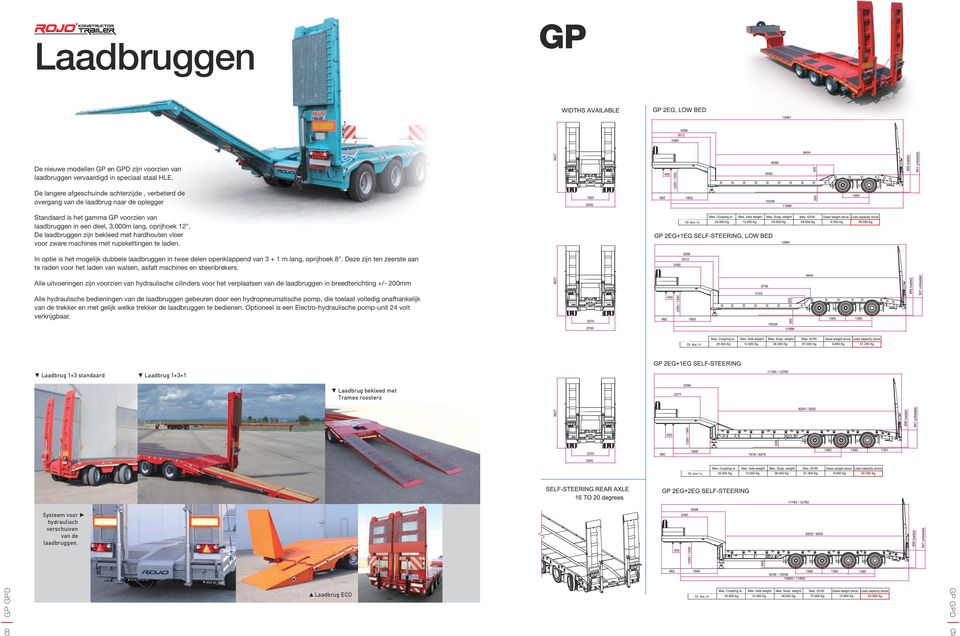 De laadbruggen zijn bekleed met hardhouten vloer voor zware machines met rupskettingen te laden. In optie is het mogelijk dubbele laadbruggen in twee delen openklappend van 3 + 1 m lang, oprijhoek 8.