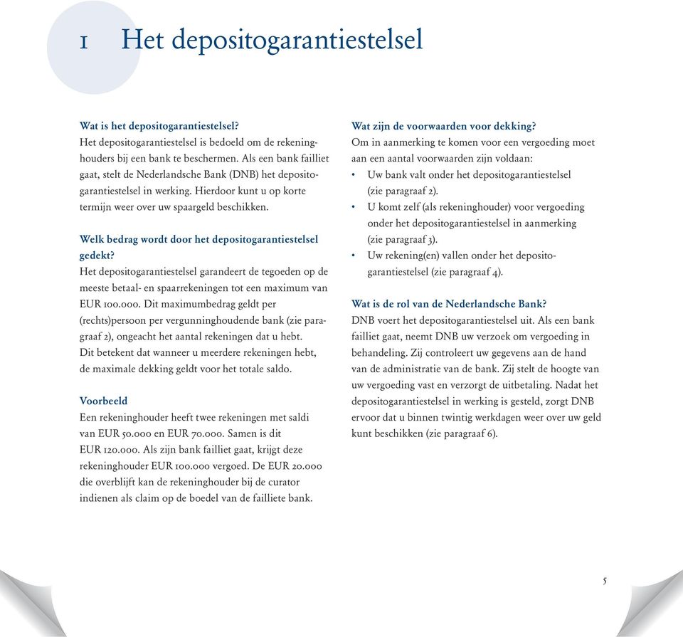 Welk bedrag wordt door het depositogarantiestelsel gedekt? Het depositogarantiestelsel garandeert de tegoeden op de meeste betaal- en spaarrekeningen tot een maximum van EUR 100.000.