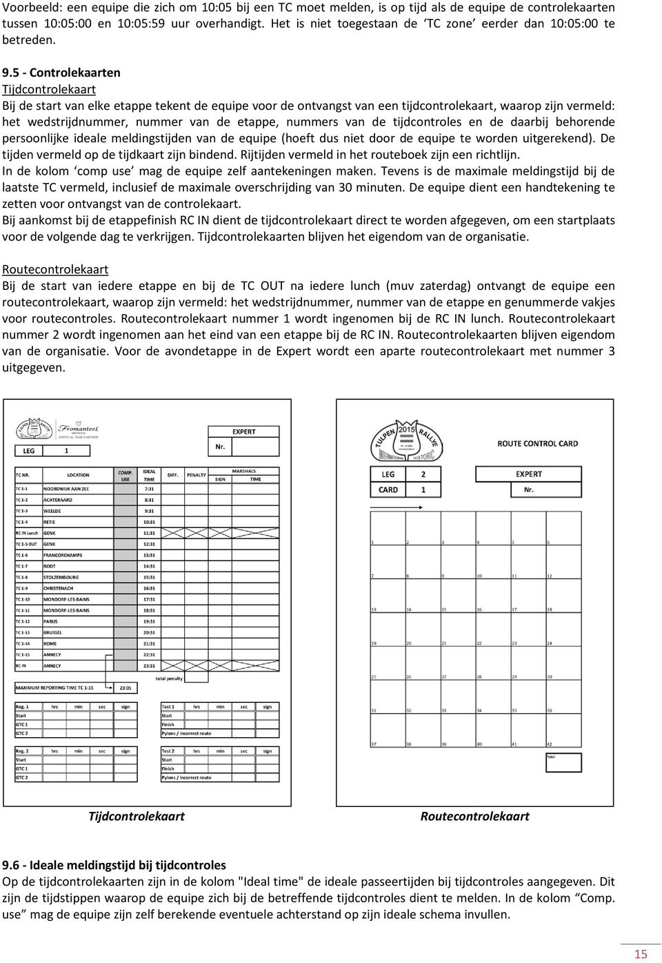 5 - Controlekaarten Tijdcontrolekaart Bij de start van elke etappe tekent de equipe voor de ontvangst van een tijdcontrolekaart, waarop zijn vermeld: het wedstrijdnummer, nummer van de etappe,