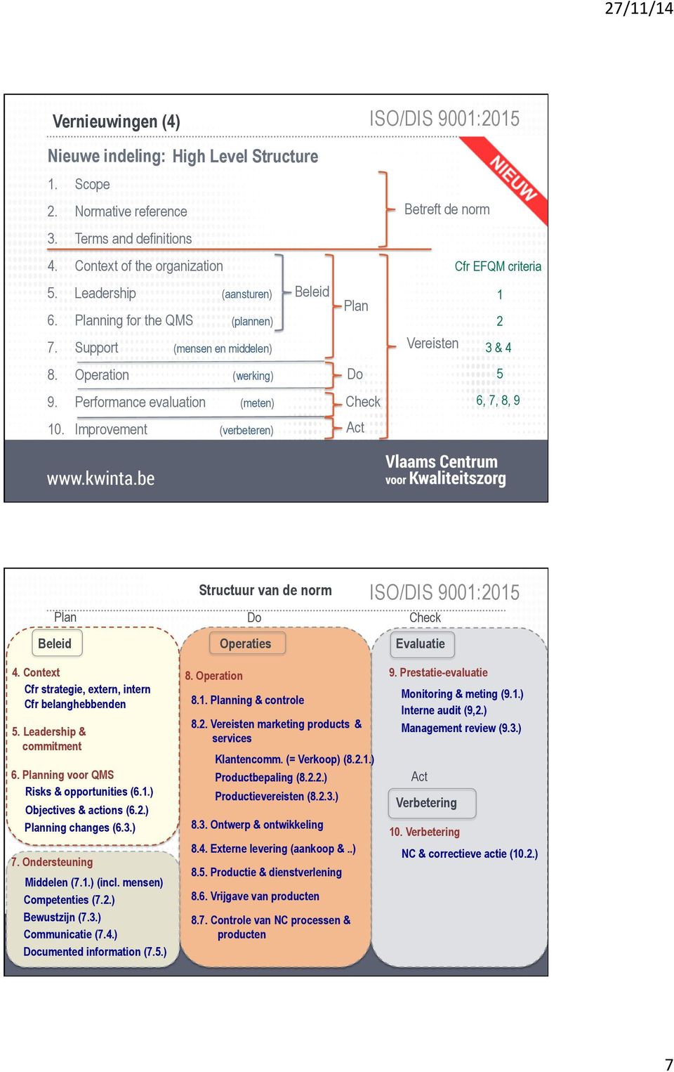 Improvement (verbeteren) Plan Do Check Act Betreft de norm Cfr EFQM criteria 1 2 Vereisten 3 & 4 5 6, 7, 8, 9 Plan Beleid Structuur van de norm Do Check Operaties Evaluatie 4.