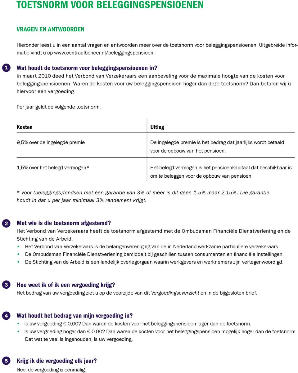 In maart 2010 deed het Verbond van Verzekeraars een aanbeveling voor de maximale hoogte van de kosten voor beleggingspensioenen. Waren de kosten voor uw beleggingspensioen hoger dan deze toetsnorm?