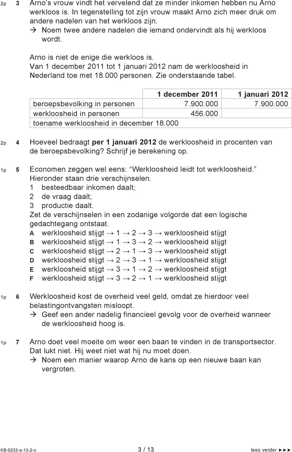 000 personen. Zie onderstaande tabel. 1 december 2011 1 januari 2012 beroepsbevolking in personen 7.900.000 7.900.000 werkloosheid in personen 456.000 toename werkloosheid in december 18.