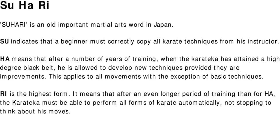 HA means that after a number of years of training, when the karateka has attained a high degree black belt, he is allowed to develop new techniques