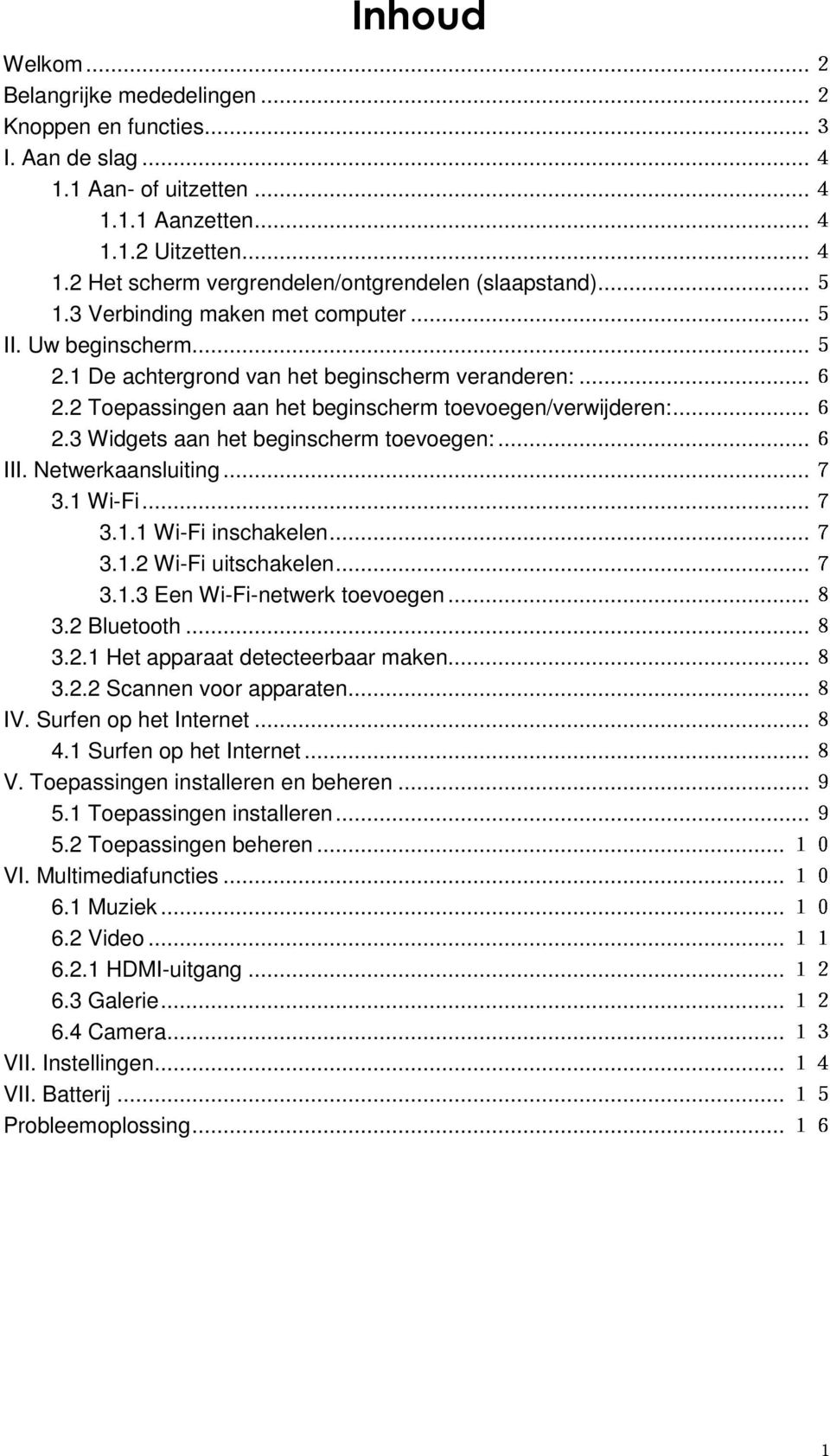 ..6 III. Netwerkaansluiting...7 3.1 Wi-Fi...7 3.1.1 Wi-Fi inschakelen...7 3.1.2 Wi-Fi uitschakelen...7 3.1.3 Een Wi-Fi-netwerk toevoegen 3.2 Bluetooth...8 3.2.1 Het apparaat detecteerbaar maken...8 3.2.2 Scannen voor apparaten.