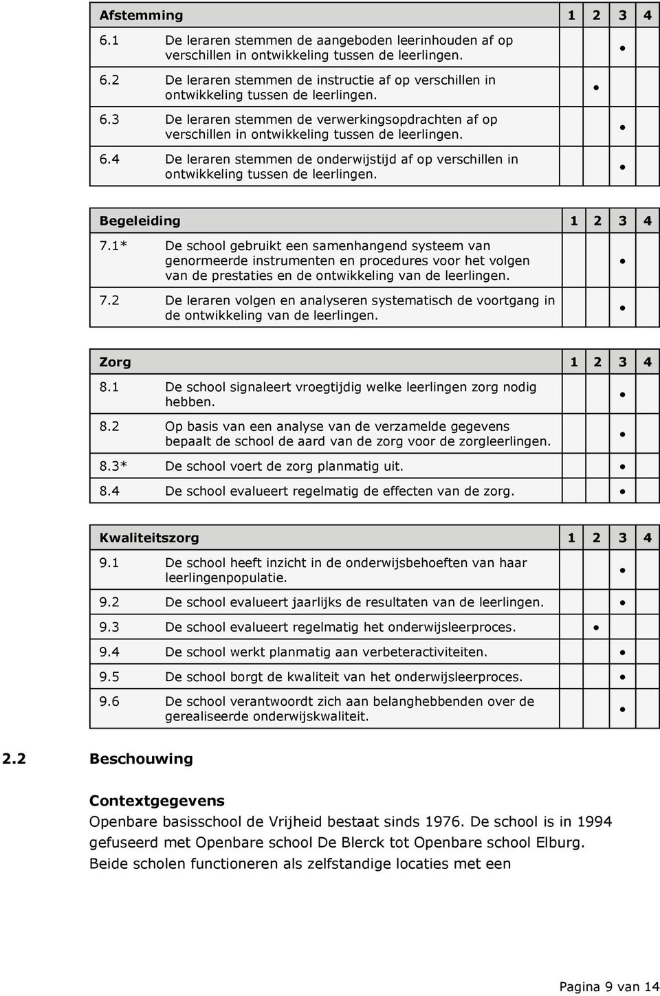 Begeleiding 1 2 3 4 7.1* De school gebruikt een samenhangend systeem van genormeerde instrumenten en procedures voor het volgen van de prestaties en de ontwikkeling van de leerlingen. 7.2 De leraren volgen en analyseren systematisch de voortgang in de ontwikkeling van de leerlingen.