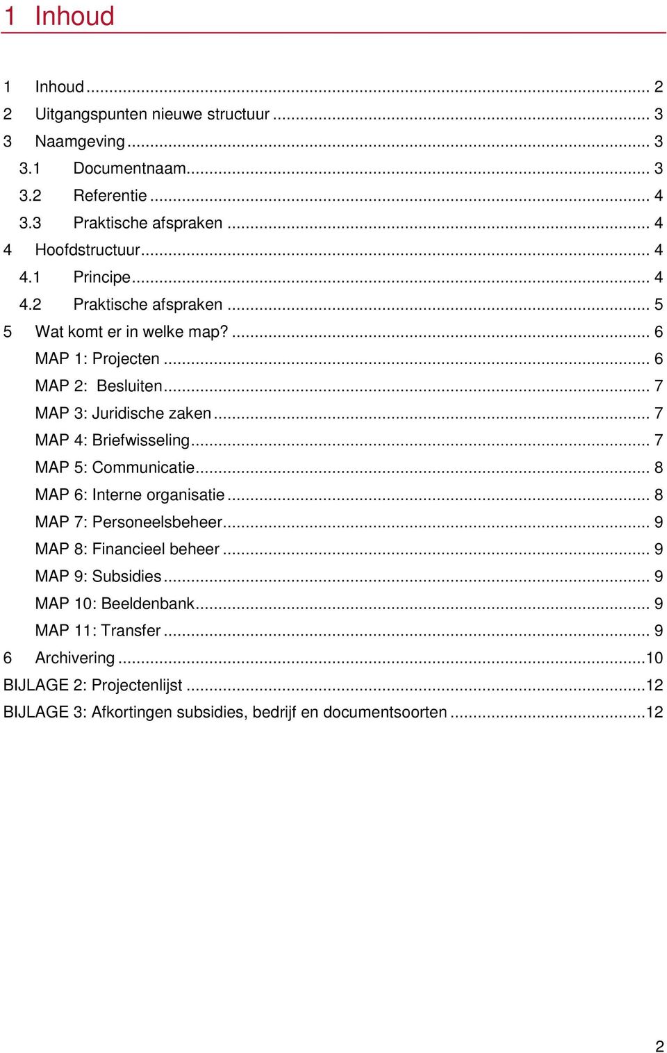 .. 7 MAP 3: Juridische zaken... 7 MAP 4: Briefwisseling... 7 MAP 5: Communicatie... 8 MAP 6: Interne organisatie... 8 MAP 7: Personeelsbeheer.