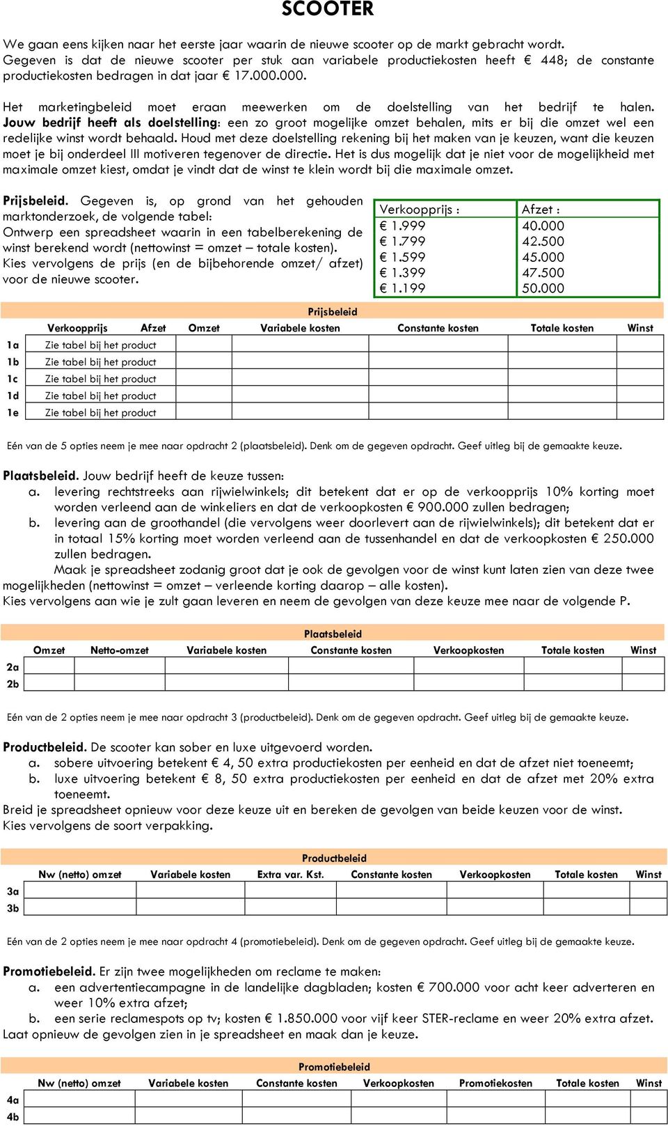 000.. Gegeven is, op grond van het gehouden Kies vervolgens de prijs (en de bijbehorende omzet/ afzet) voor de nieuwe scooter. 1.999 40.000 1.799 42.500 1.599 45.000 1.399 47.500 1.199 50.000 a.