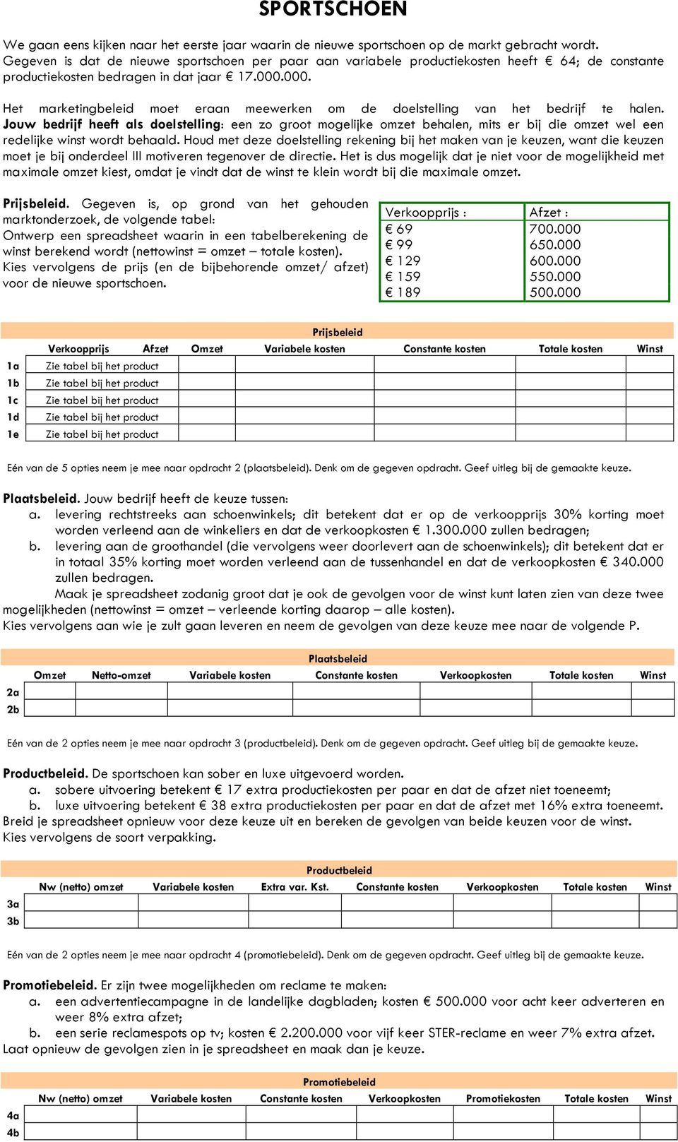 000.. Gegeven is, op grond van het gehouden Kies vervolgens de prijs (en de bijbehorende omzet/ afzet) voor de nieuwe sportschoen. 69 700.000 99 650.000 129 600.000 159 550.000 189 500.000 a.