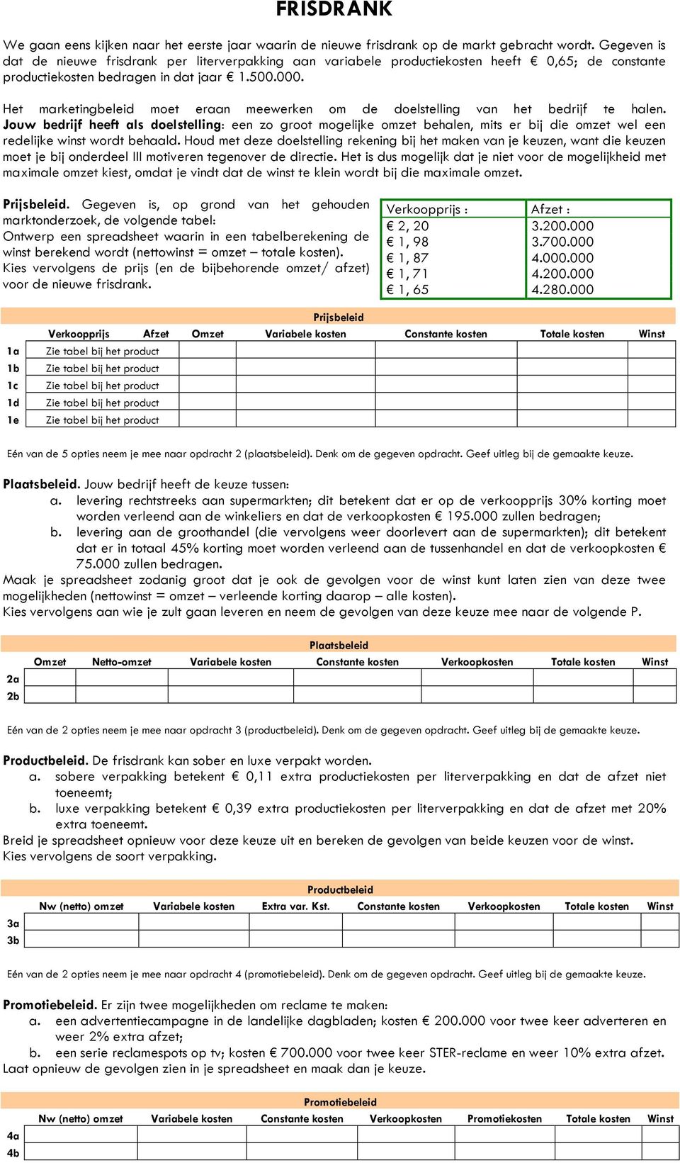 . Gegeven is, op grond van het gehouden Kies vervolgens de prijs (en de bijbehorende omzet/ afzet) voor de nieuwe frisdrank. 2, 20 3.200.000 1, 98 3.700.000 1, 87 4.000.000 1, 71 4.200.000 1, 65 4.