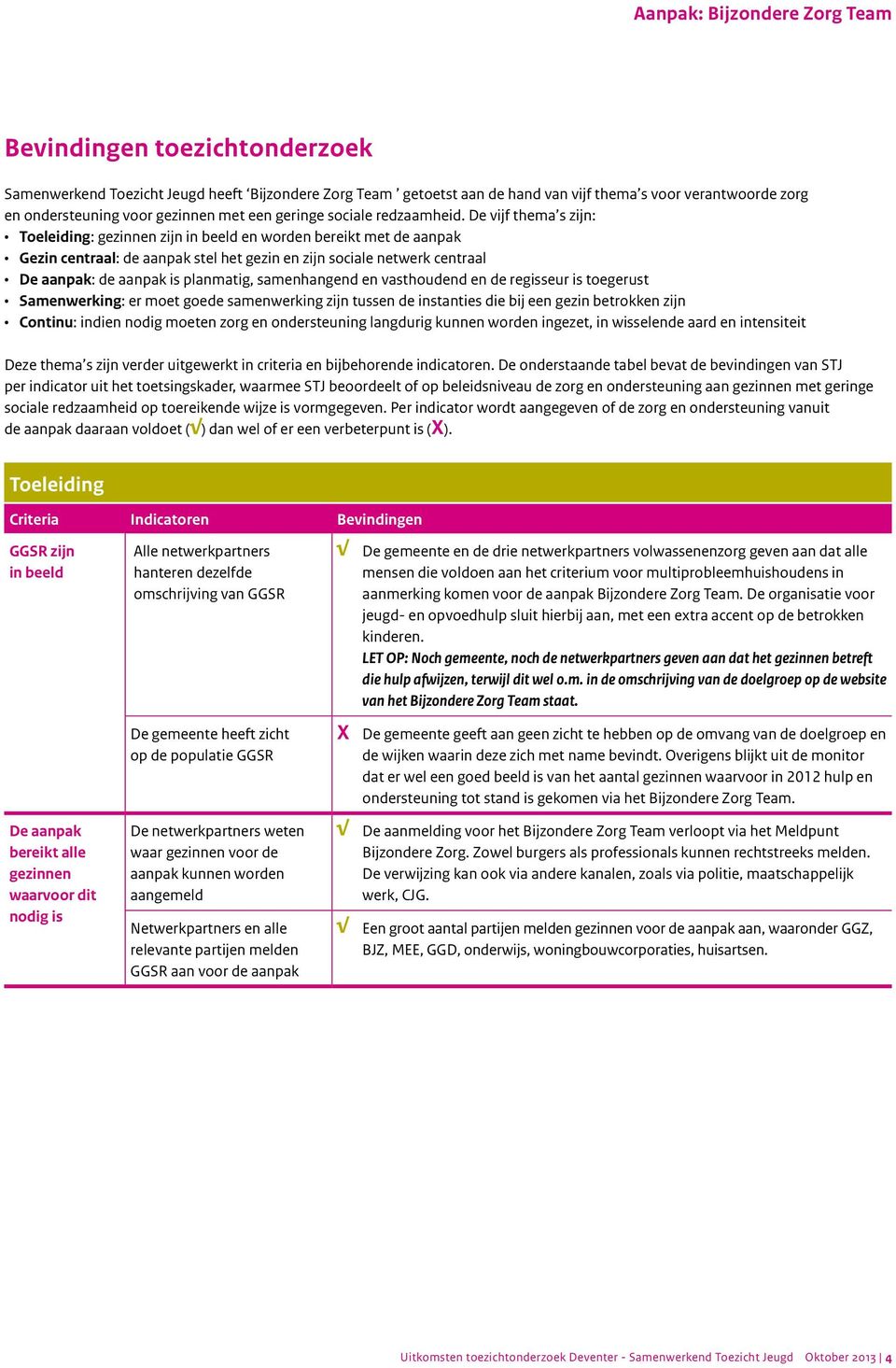 De vijf thema s zijn: Toeleiding: gezinnen zijn in beeld en worden bereikt met de aanpak Gezin centraal: de aanpak stel het gezin en zijn sociale netwerk centraal De aanpak: de aanpak is planmatig,