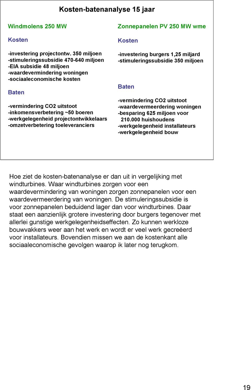 -werkgelegenheid projectontwikkelaars -omzetverbetering toeleveranciers Zonnepanelen PV 250 MW wme Kosten -investering burgers 1,25 miljard -stimuleringssubsidie 350 miljoen Baten -vermindering CO2