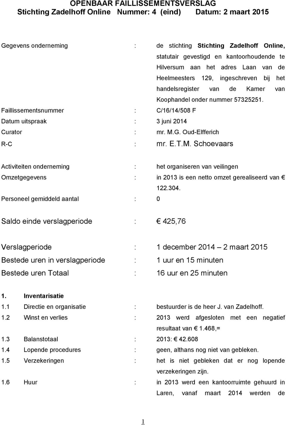 G. Oud-Elfferich R-C : mr. E.T.M. Schoevaars Activiteiten onderneming : het organiseren van veilingen Omzetgegevens : in 2013 is een netto omzet gerealiseerd van 122.304.