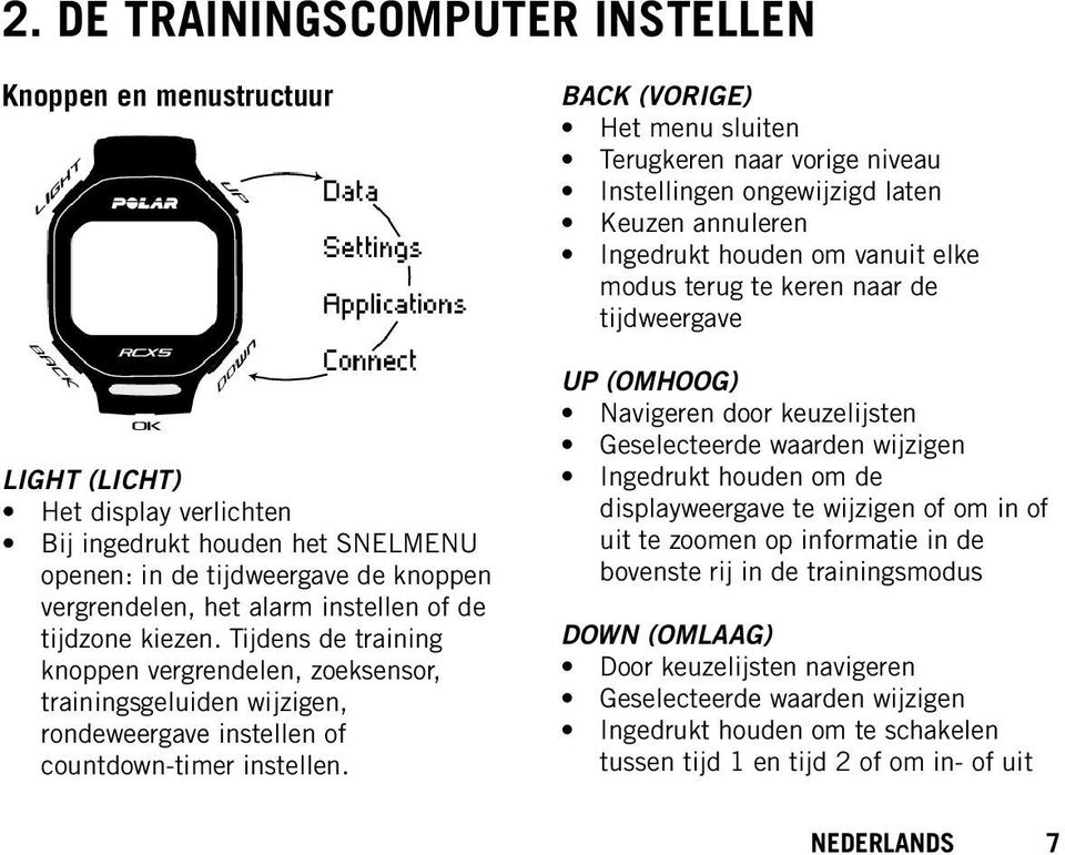 BACK (VORIGE) Het menu sluiten Terugkeren naar vorige niveau Instellingen ongewijzigd laten Keuzen annuleren Ingedrukt houden om vanuit elke modus terug te keren naar de tijdweergave UP (OMHOOG)