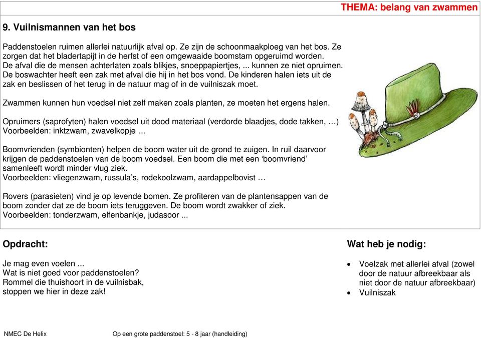 De boswachter heeft een zak met afval die hij in het bos vond. De kinderen halen iets uit de zak en beslissen of het terug in de natuur mag of in de vuilniszak moet.