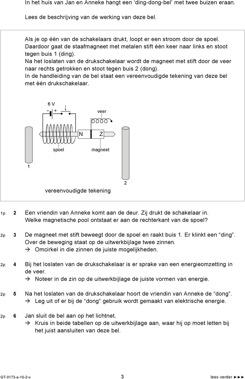 Na het loslaten van de drukschakelaar wordt de magneet met stift door de veer naar rechts getrokken en stoot tegen buis 2 (dong).