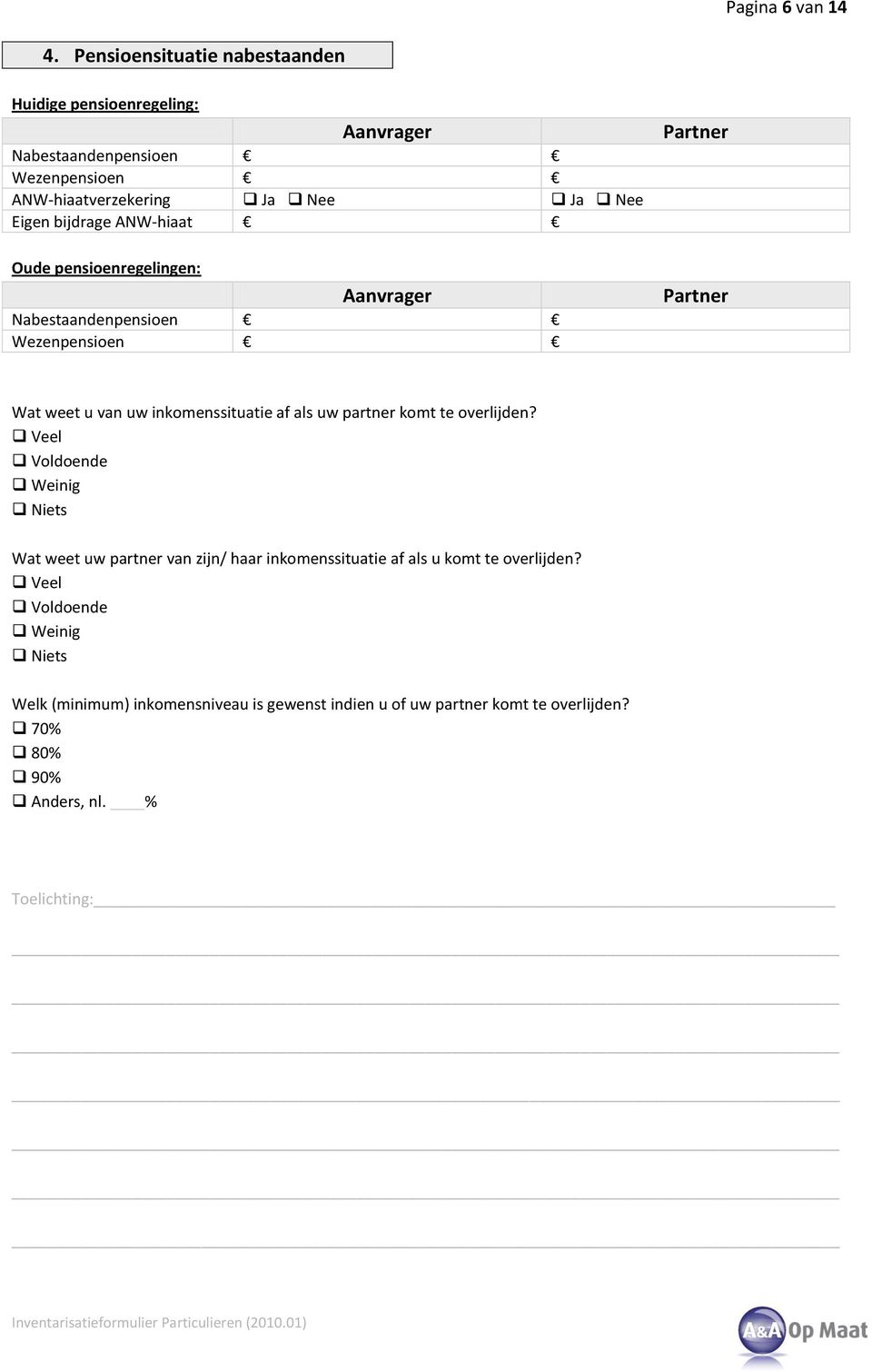 bijdrage ANW-hiaat Oude pensioenregelingen: Nabestaandenpensioen Wezenpensioen Wat weet u van uw inkomenssituatie af als uw partner komt