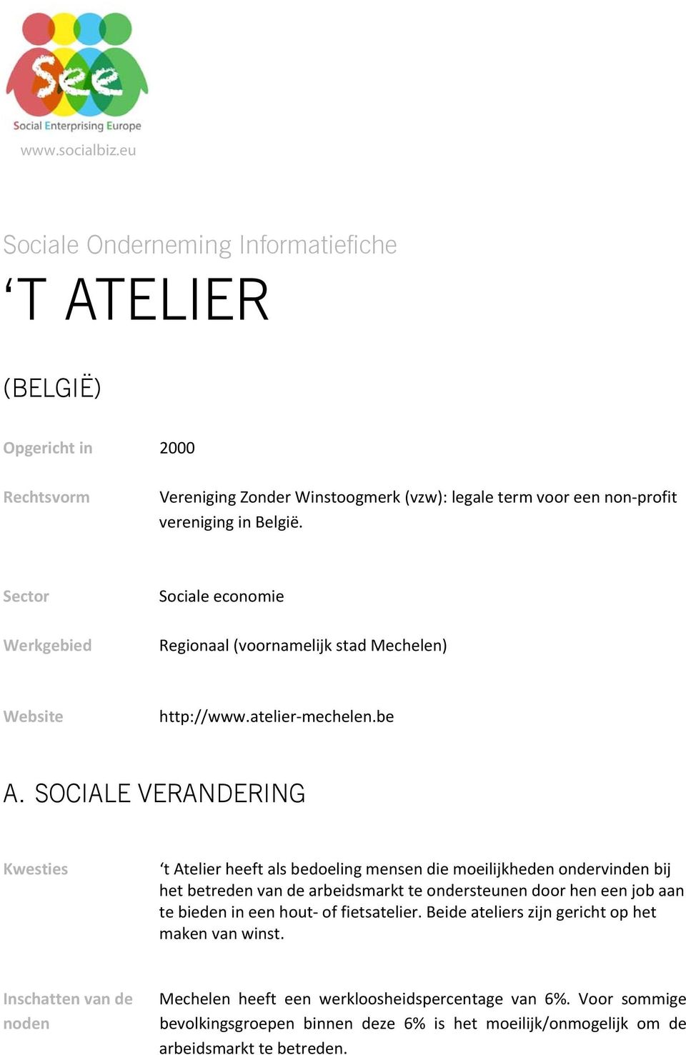 Sector Werkgebied Sociale economie Regionaal (voornamelijk stad Mechelen) Website http://www.atelier mechelen.be A.