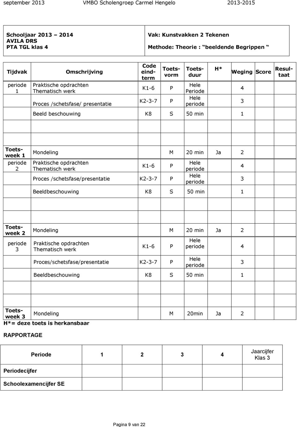 opdrachten Thematisch werk K-6 P Proces /schetsfase/presentatie K--7 P Hele Hele 4 Beeldbeschouwing K8 S 50 min Mondeling M 0 min Ja Praktische opdrachten Thematisch werk