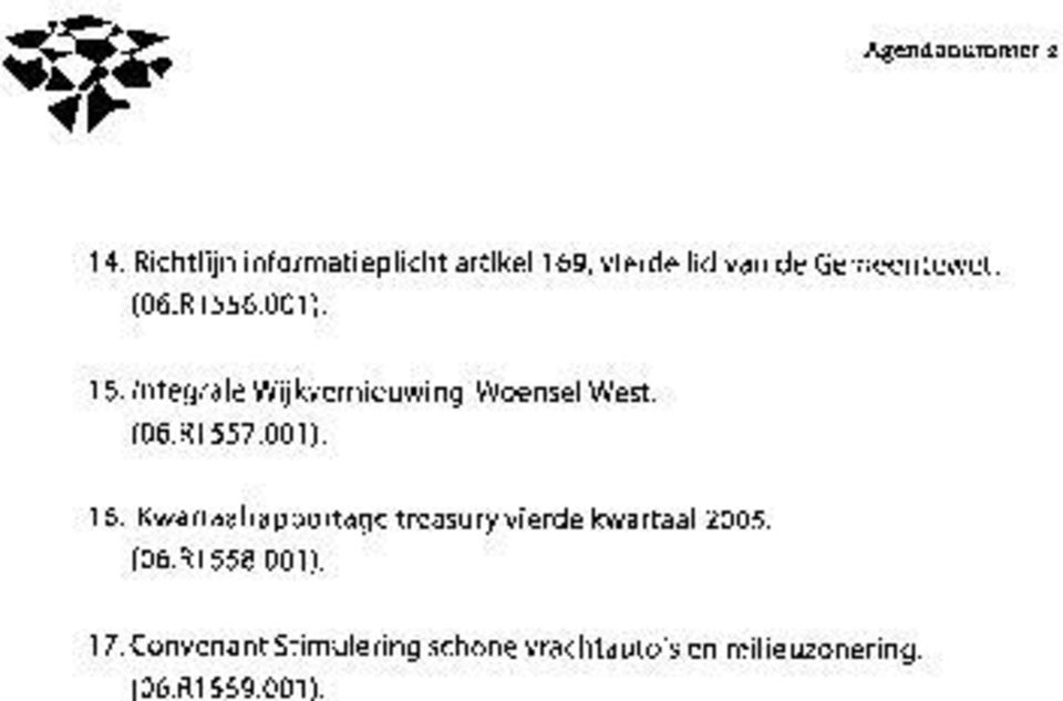 R1556.001). 15. Integrale Wijkvernieuwing Woensel West. (06.R1557.001). 16.