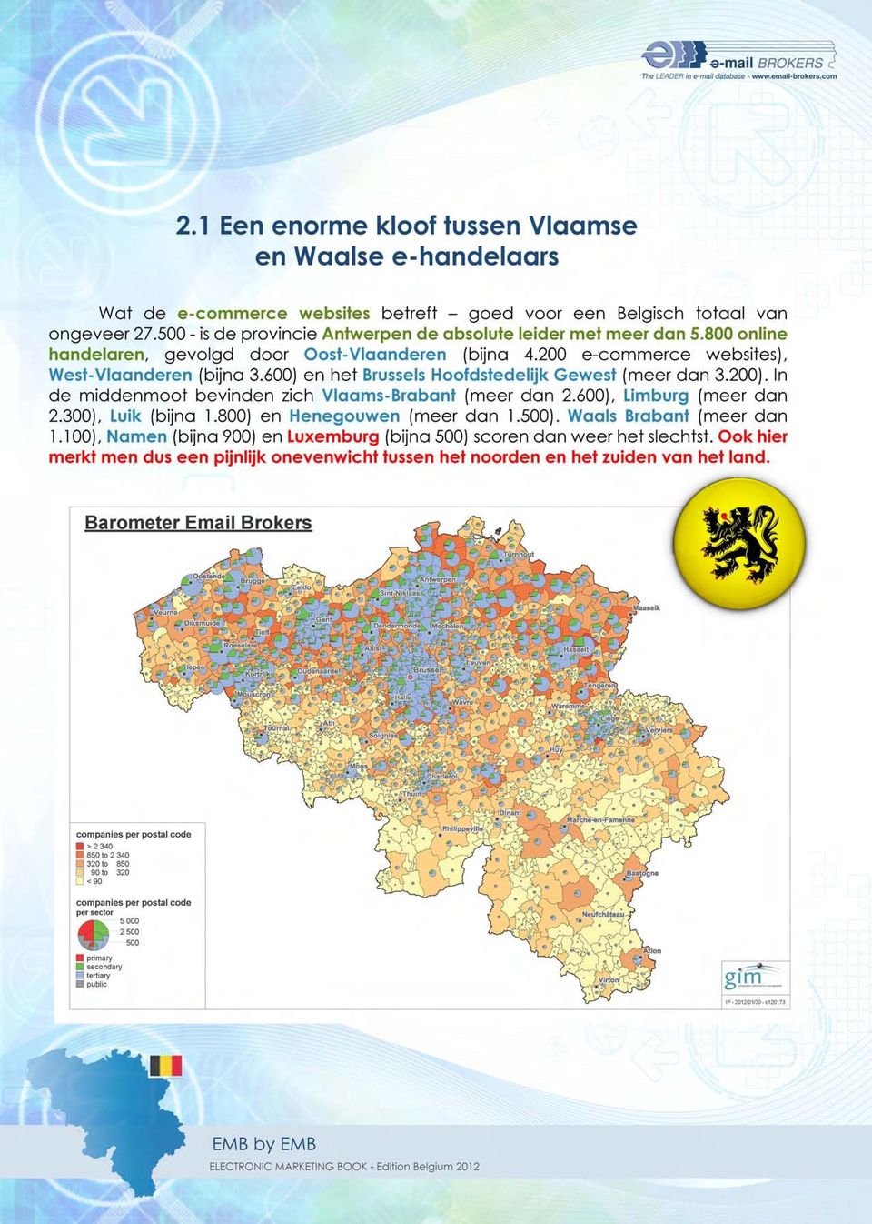 600) en het 8russels Hoofdstedelijk Gewest (meer dan 3.200). In de middenmoot bevinden zich Vlaams-Brabant (meer dan 2.600), Limburg (meer dan 2.300), Luik (bijna 1.800) en Henegouwen (meer dan 1.