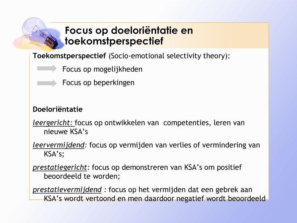 focus op vermijden van verlies of vermindering van KSA s; prestatiegericht: focus op demonstreren van KSA s om positief beoordeeld